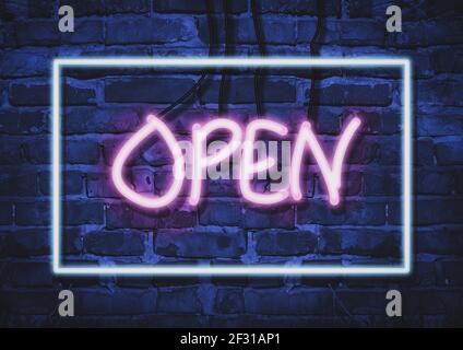 Inscription open in pink neon letters, rectangular glowing blue neon frame on brick wall background Stock Photo