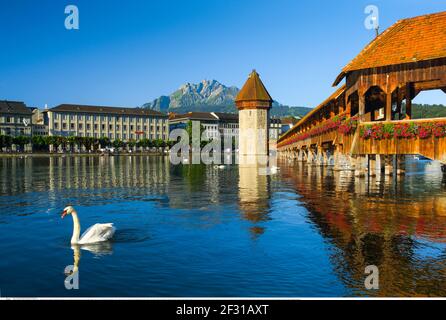 geography / travel, Switzerland, Kapellbruecke with Pilatus, Lucerne, Additional-Rights-Clearance-Info-Not-Available Stock Photo