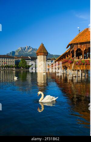 geography / travel, Switzerland, Kapellbruecke with Pilatus, Lucerne, Additional-Rights-Clearance-Info-Not-Available Stock Photo