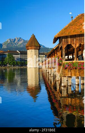 geography / travel, Switzerland, Kapellbruecke with Pilatus, Lucerne, Additional-Rights-Clearance-Info-Not-Available Stock Photo