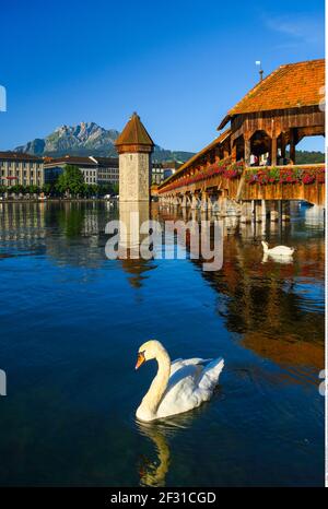 geography / travel, Switzerland, Kapellbruecke with Pilatus, Lucerne, Additional-Rights-Clearance-Info-Not-Available Stock Photo