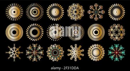 Gold Mandala ornament. Oriental round pattern. Vector deign for stickers, flash temporary tattoo, mehndi and yoga design, boho, magic symbol Stock Vector