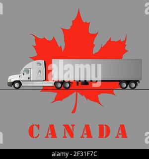 American car for the transport of goods against the background of a maple leaf and the inscription Canada. Vector flat illustration. Stock Vector