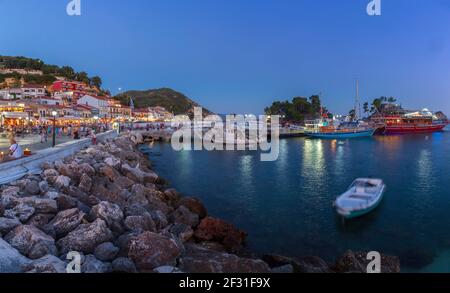 Parga town, coastal view during the blue hour (after sunset), in Preveza prefecture, Epirus region, Greece, Europe Stock Photo