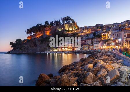 Parga town, coastal view during the blue hour (after sunset), in Preveza prefecture, Epirus region, Greece, Europe Stock Photo