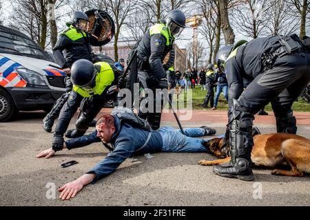 THE HAGUE, NETHERLANDS - MARCH 14: Police are seen charging protesters during a protest on the Malieveld against the coronavirus policies and the government on March 14, 2021 in The Hague, Netherlands ahead of the March 17 general elections. (Photo by Niels Wenstedt/BSR Agency/Alamy Live News) Stock Photo