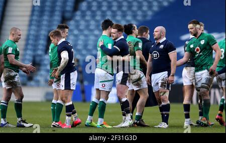 Scotland and Ireland players react after the Guinness Six Nations match at BT Murrayfield Stadium, Edinburgh. Picture date: Sunday March 14, 2021. Stock Photo