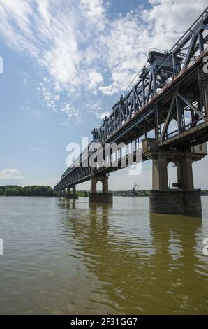 Danube Bridge. Steel truss bridge over the Danube River connecting Bulgarian and Romanian banks between Ruse and Giurgiu cities. Stock Photo