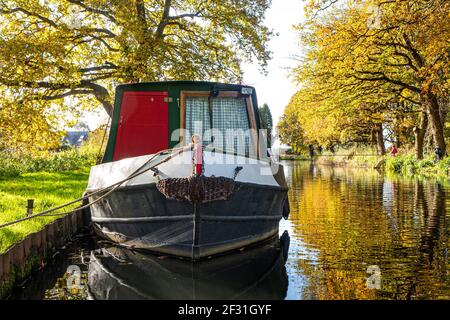 RIVER WEY AUTUMN Narrowboat moored on the River Wey Navigation upstream from Papercourt Lock with angler fisherman behind in autumn Surrey England UK Stock Photo