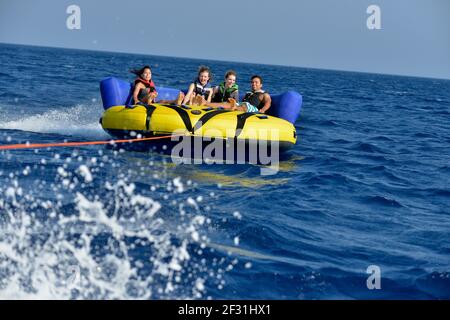 geography / travel, Greece, inflatable boat, super paradise Beach, Mykonos, Cyclades, Additional-Rights-Clearance-Info-Not-Available Stock Photo