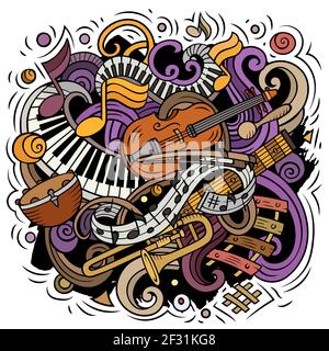 Cartoon vector doodles Classic music illustration. Colorful, detailed, with lots of objects background. All objects separate. Bright colors musical fu Stock Vector