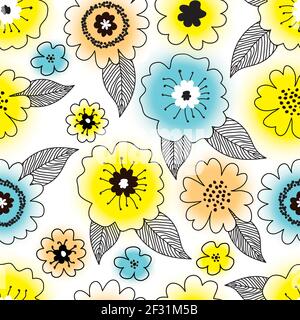 Seamless cute floral pattern with hand drawn various colorful gradient yellow, blue and orange spring flowers with black leaves on white background Stock Vector