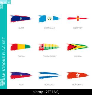 Vector brush stroke flag set, nine grunge flag: Guam, Guatemala, Guernsey, Guinea, Guinea-Bissau, Guyana, Haiti, Honduras, Hong Kong Stock Vector