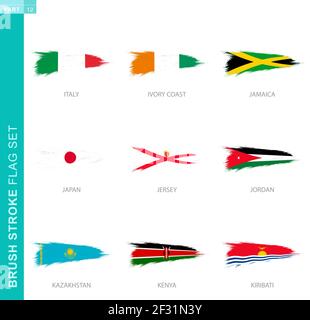 Vector brush stroke flag set, nine grunge flag: Italy, Ivory coast, Jamaica, Japan, Jersey, Jordan, Kazakhstan, Kenya, Kiribati Stock Vector