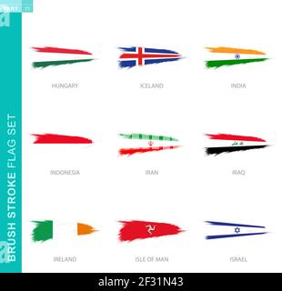 Vector brush stroke flag set, nine grunge flag: Hungary, Iceland, India, Indonesia, Iran, Iraq, Ireland, Isle of Man, Israel Stock Vector