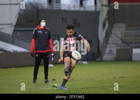 MANCHESTER, UK. MARCH 14. Krisnan Inu of Salford Red Devils makes a conversion during the pre-season match between Salford Red Devils and Wigan Warriors at AJ Bell Stadium, Eccles on Sunday 14th March 2021. (Credit: Pat Scaasi | MI News) Credit: MI News & Sport /Alamy Live News Stock Photo