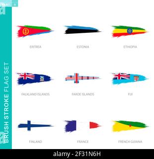 Vector brush stroke flag set, nine grunge flag: Eritrea, Estonia, Ethiopia, Falkland Islands, Faroe Islands, Fiji, Finland, France, French Guiana Stock Vector