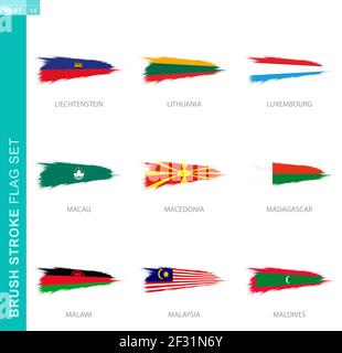 Vector brush stroke flag set, nine grunge flag: Liechtenstein, Lithuania, Luxembourg, Macau, Macedonia, Madagascar, Malawi, Malaysia, Maldives Stock Vector