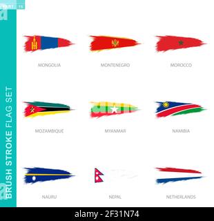 Vector brush stroke flag set, nine grunge flag: Mongolia, Montenegro, Morocco, Mozambique, Myanmar, Namibia, Nauru, Nepal, Netherlands Stock Vector