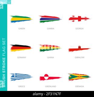 Vector brush stroke flag set, nine grunge flag: Gabon, Gambia, Georgia, Germany, Ghana, Gibraltar, Greece, Greenland, Grenada Stock Vector
