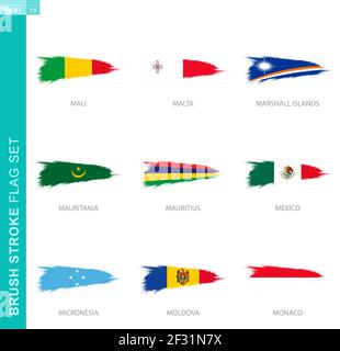 Vector brush stroke flag set, nine grunge flag: Mali, Malta, Marshall Islands, Mauritania, Mauritius, Mexico, Micronesia, Moldova, Monaco Stock Vector