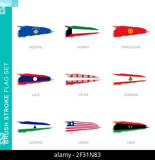 Vector brush stroke flag set, nine grunge flag: Kosovo, Kuwait, Kyrgyzstan, Laos, Latvia, Lebanon, Lesotho, Liberia, Libya Stock Vector