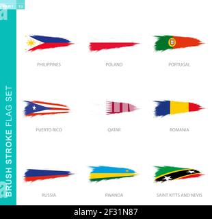 Vector brush stroke flag set, nine grunge flag: Philippines, Poland, Portugal, Puerto Rico, Qatar, Romania, Russia, Rwanda, Saint Kitts and Nevis Stock Vector