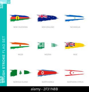 Vector brush stroke flag set, nine grunge flag: New Caledonia, New Zealand, Nicaragua, Niger, Nigeria, Niue, Norfolk Island, North Korea, Northern Cyp Stock Vector