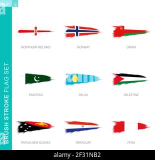 Vector brush stroke flag set, nine grunge flag: Northern Ireland, Norway, Oman, Pakistan, Palau, Palestine, Papua New Guinea, Paraguay, Peru Stock Vector