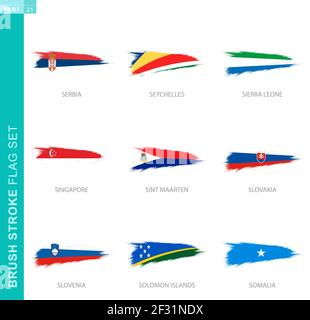 Vector brush stroke flag set, nine grunge flag: Serbia, Seychelles, Sierra Leone, Singapore, Sint Maarten, Slovakia, Slovenia, Solomon Islands, Somali Stock Vector
