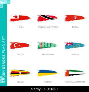 Vector brush stroke flag set, nine grunge flag: Tonga, Trinidad and Tobago, Tunisia, Turkey, Turkmenistan, Tuvalu, Uganda, Ukraine, United Arab Emirat Stock Vector
