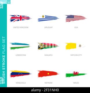 Vector brush stroke flag set, nine grunge flag: United Kingdom, Uruguay, USA, Uzbekistan, Vanuatu, Vatican City, Venezuela, Vietnam, Wales Stock Vector