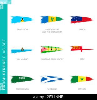 Vector brush stroke flag set, nine grunge flag: Saint Lucia, Saint Vincent and the Grenadines, Samoa, San Marino, Sao Tome and Principe, Sark, Saudi A Stock Vector
