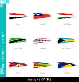 Vector brush stroke flag set, nine grunge flag: Syria, Taiwan, Tajikistan, Tanzania, Thailand, The Bahamas, Tibet, Togo, Tokelau Stock Vector