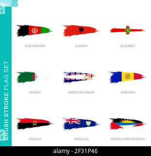 Vector brush stroke flag set, nine grunge flag: Afghanistan, Albania, Alderney, Algeria, American Samoa, Andorra, Angola, Anguilla, Antigua and Barbud Stock Vector