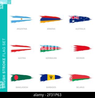 Vector brush stroke flag set, nine grunge flag: Argentina, Armenia, Australia, Austria, Azerbaijan, Bahrain, Bangladesh, Barbados, Belarus Stock Vector