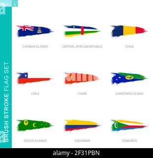 Vector brush stroke flag set, nine grunge flag: Cayman Islands, Central African Republic, Chad, Chile, China, Christmas Island, Cocos Islands, Colombi Stock Vector