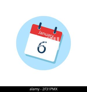 White daily calendar Icon 6 January in a Flat Design style. Easy to edit Isolated vector Illustration. Stock Vector