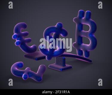 Bitcoin outweighs the dollar, euro and pound signs on a swing Stock Vector