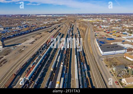 Detroit, Michigan - Railroad cars waiting at a rail yard in southwest Detroit. Stock Photo