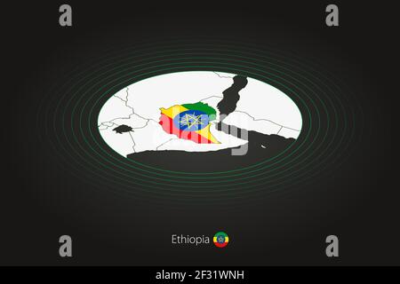 Ethiopia map in dark color, oval map with neighboring countries. Vector map and flag of Ethiopia Stock Vector