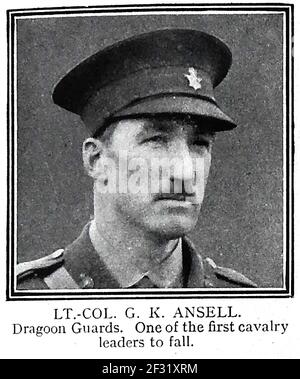 LIEUTENANT COLONEL GEORGE KIRKPATRICK ANSELL - A printed portrait from a 1914-1915 role of honour page of those killed in action in World War One.   -----  The 4th and the 5th Dragoon Guards saw action from the outset of the First World War.   C Squadron, the 4th Dragoon Guards had the honour of the first action by the British army in the war.  Corporal Thomas fired the first shot. Captain Hornby was  the first officer to use his sword in combat. A few days later the Commanding Officer of the 5th Dragoon Guards (cavalry), Lieutenant Colonel G K Ansell, was killed in action at Nery. - Stock Photo