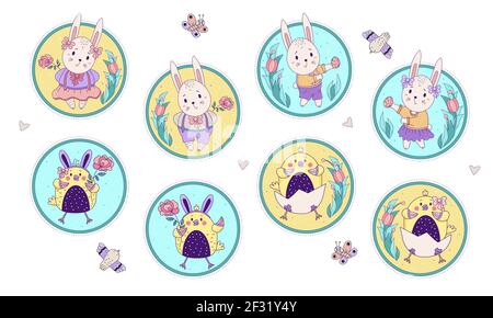 Set of cute Easter animals. Rabbit girl and boy with Easter eggs and a rose and Chickens sitting in an egg in a round decorative shape with a floral p Stock Vector