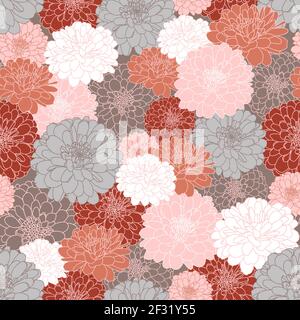 Vector seamless repeating pattern with hand drawn chrysanthemum flowers in grey, maroon, peach pink, terracotta, white. Design for wallpaper, wrapping, textile, fabric, wedding invitation, greetings. Stock Vector