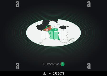 Turkmenistan map in dark color, oval map with neighboring countries. Vector map and flag of Turkmenistan Stock Vector