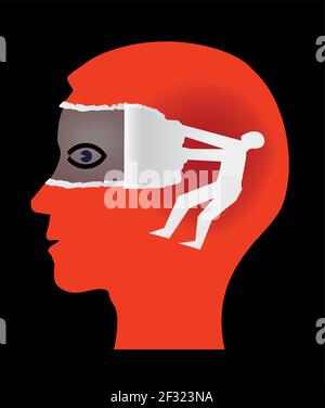 Open your eyes ,discovering and uncovering, psychology concept. Red Male head in profile and male silhouette ripping paper and uncovering eye. Stock Vector