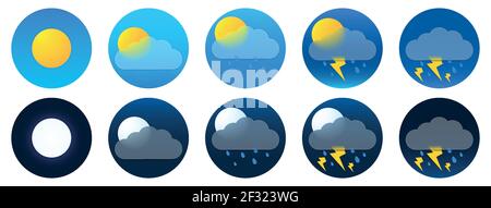 Vector drawing. Set of weather icons in the style of glass morphism. Stock Vector