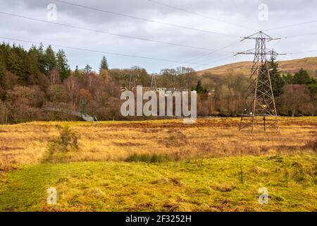 Electricity pylons in a field on a cloudy day in winter at Kendoon Power Station, Galloway Hydro Electric Scheme, Scotland Stock Photo