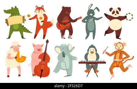 Animals play music set, cute orchestra, band of domestic or wild animal musicians playing Stock Vector