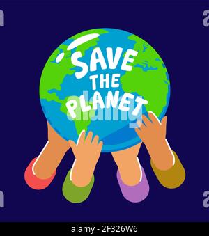 People holding planet Earth. Hands hold globe of world. Environment, ecology, nature conservation concept Stock Vector